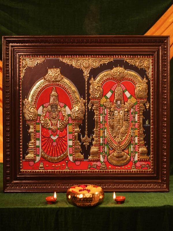 Srinivasa Perumal and Padmavathi Thaayar Tanjore Painting